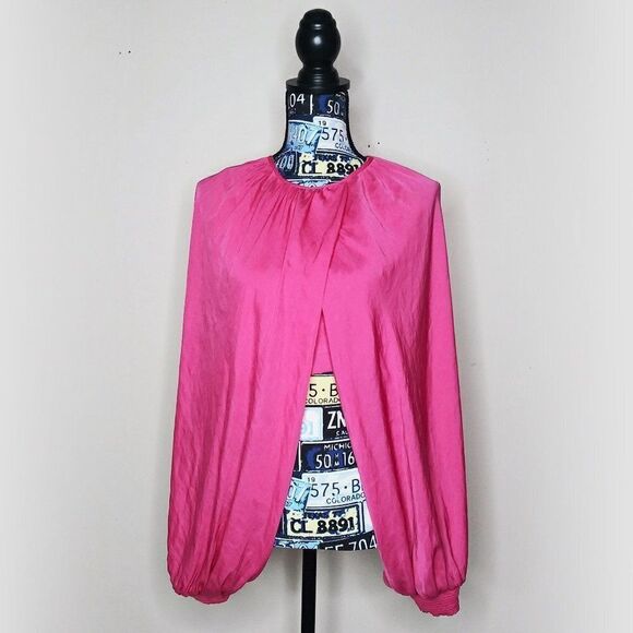 ZARA Bloggers Favorite Balloon Sleeve Crop Top Drapey Crossover Hot Pink Sz XL - Picture 4 of 16